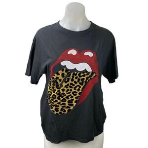 Free People Daydreamer Rolling Stones Black Leopard Tongue Tee T-shirtTop Sz XS